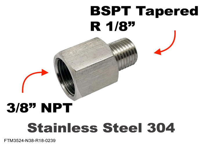 Stainless steel 3/8 inch NPT female to BSPT male sensor adaptor fitting for plumbing and hydraulic connections.
