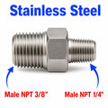 Stainless steel 3/8 inch NPT male to 1/4 inch NPT male sensor adaptor fitting for conversion, MC Motoparts APS adaptor fitting.