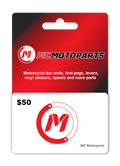 MC Motoparts $50 USD e-Gift Card with a sleek design, ideal for motorcycle parts and accessories gift ideas.