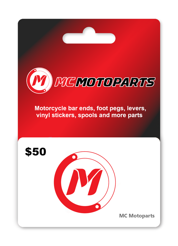 MC Motoparts $50 USD e-Gift Card with a sleek design, ideal for motorcycle parts and accessories gift ideas.