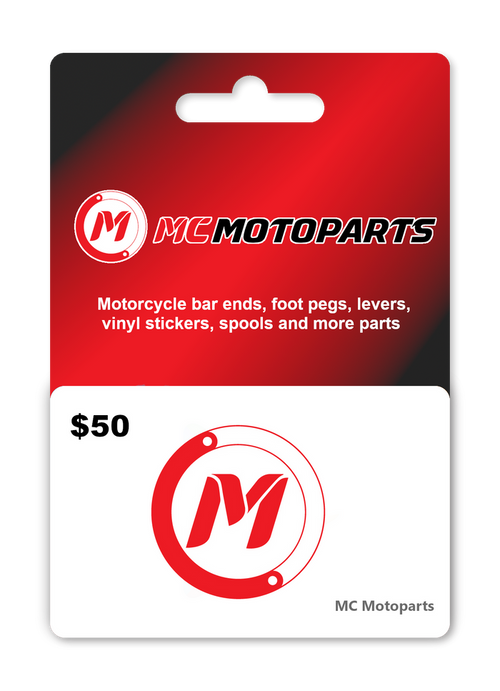 MC Motoparts $50 USD e-Gift Card with a sleek design, ideal for motorcycle parts and accessories gift ideas.