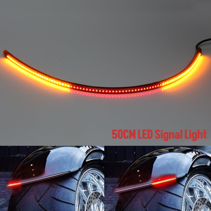 50cm MC Motoparts AMP-Z rear LED turn signal and brake light strip showing red and yellow LED lights on a vehicle.