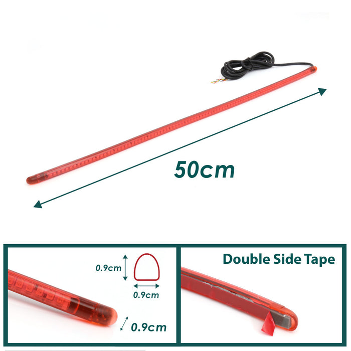 50cm MC Motoparts AMP-Z rear LED turn signal and brake light strip showing red and yellow LED lights on a vehicle.