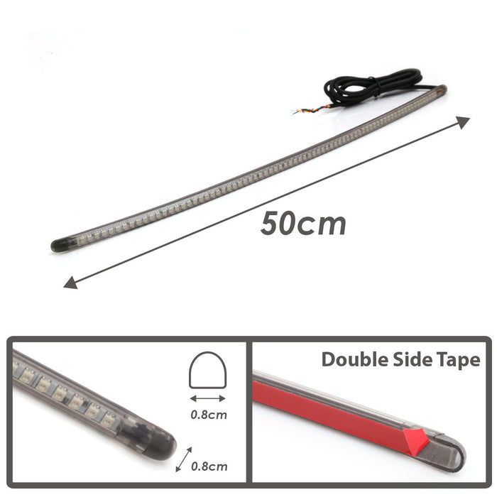 50cm MC Motoparts AMP-Z rear LED turn signal brake light strip showing red and yellow LEDs on a flexible strip