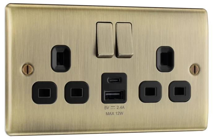 BG NAB22UAC12B Nexus Metal Antique Brass Double Switched Socket, with USB A + C (12W)