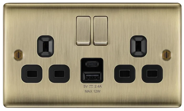 BG NAB22UAC12B Nexus Metal Antique Brass Double Switched Socket, with USB A + C (12W)