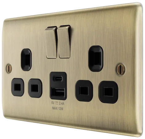 BG NAB22UAC12B Nexus Metal Antique Brass Double Switched Socket, with USB A + C (12W)