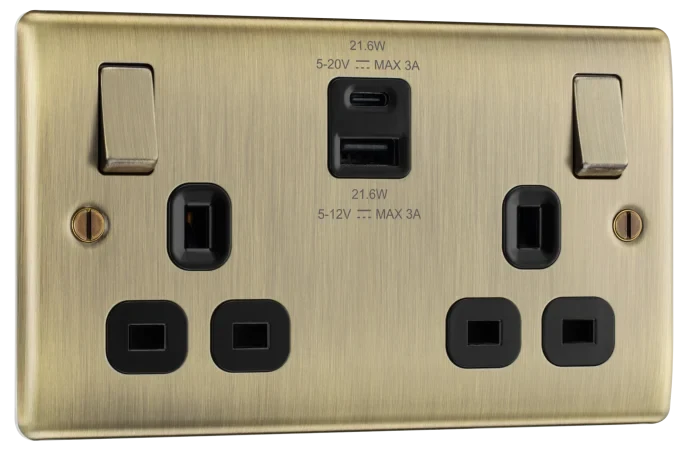 BG NAB22UAC22B Nexus Metal Antique Brass Double switched single pole, with USB A + C (22W)