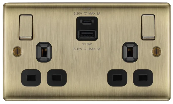 BG NAB22UAC22B Nexus Metal Antique Brass Double switched single pole, with USB A + C (22W)