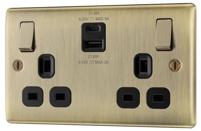 BG NAB22UAC22B Nexus Metal Antique Brass Double switched single pole, with USB A + C (22W)
