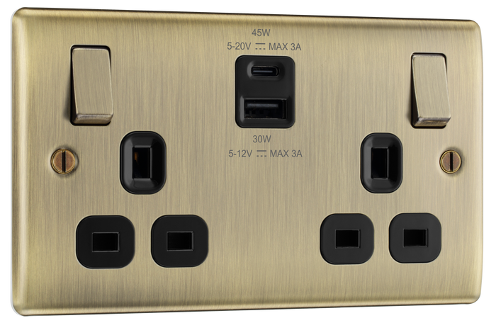 BG NAB22UAC45B Nexus Metal Antique Brass Double switched single pole, with USB A + C (45W)