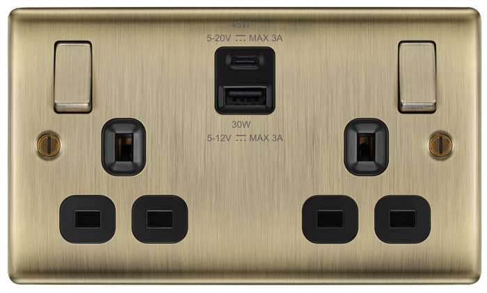 BG NAB22UAC45B Nexus Metal Antique Brass Double switched single pole, with USB A + C (45W)