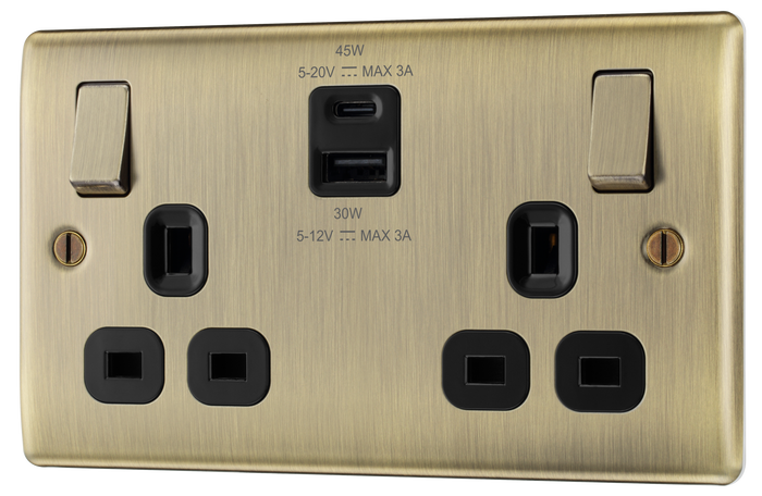 BG NAB22UAC45B Nexus Metal Antique Brass Double switched single pole, with USB A + C (45W)