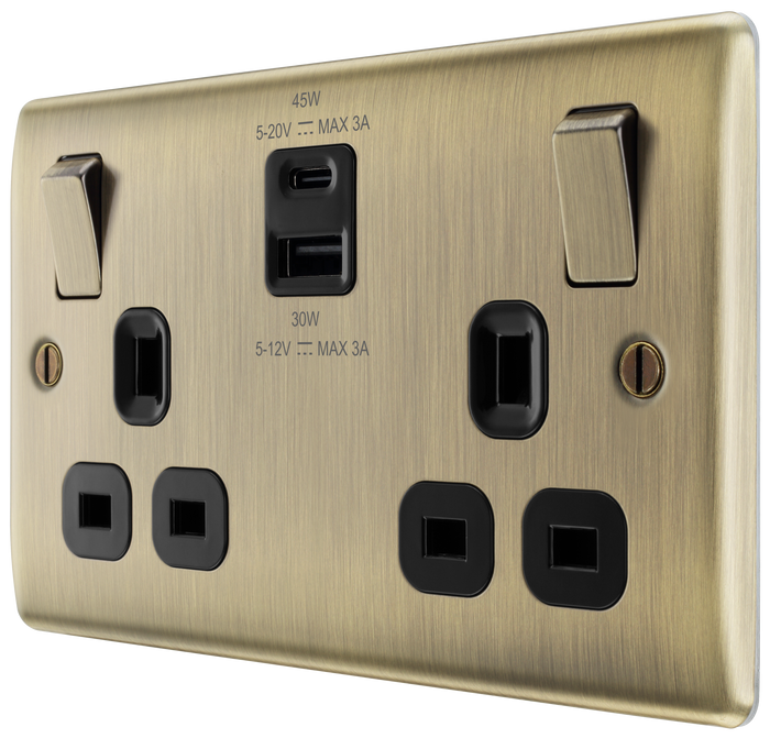 BG NAB22UAC45B Nexus Metal Antique Brass Double switched single pole, with USB A + C (45W)