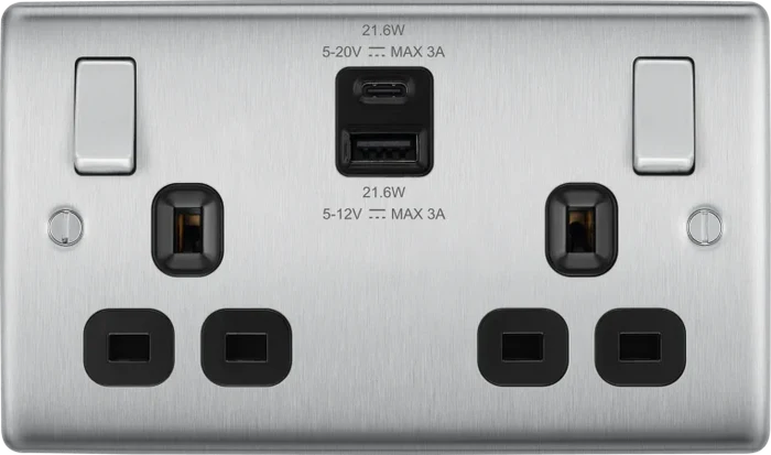 BG NBS22UAC22B Double switched single pole, with USB A + C (22W)