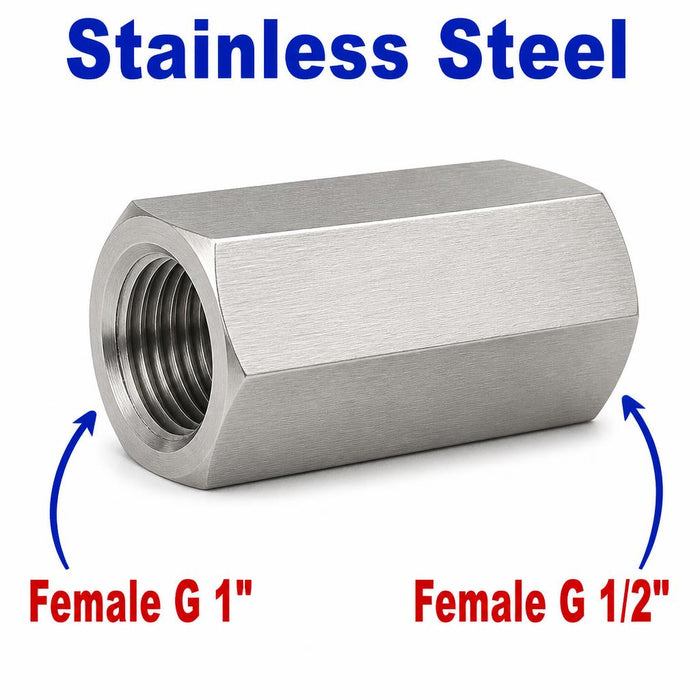 Stainless steel MC Motoparts BSP G 1 inch female to BSP G 1/2 inch female sensor adaptor fitting for conversion.