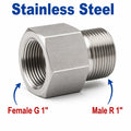 Stainless steel BSP G 1 inch female to BSPT tapered R 1 inch male sensor adaptor fitting for hydraulic or pneumatic conversions.