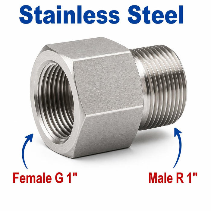 Stainless steel BSP G 1 inch female to BSPT tapered R 1 inch male sensor adaptor fitting for hydraulic or pneumatic conversions.