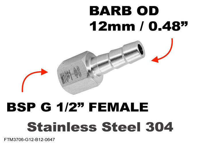 Stainless steel BSP G 1/2 inch female to 12mm barb hose connector adaptor fitting by MC Motoparts, showing threaded and barb ends.