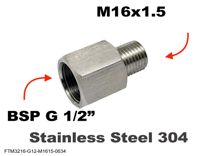 Stainless steel BSP G 1/2 inch female to M16x1.5 male sensor adaptor fitting for vehicle conversions by MC Motoparts