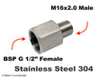 Stainless steel BSP G 1/2 inch female to M16x2.0 male sensor adaptor fitting for automotive conversions by MC Motoparts