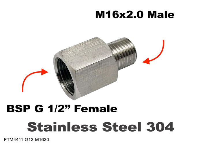 Stainless steel BSP G 1/2 inch female to M16x2.0 male sensor adaptor fitting for automotive conversions by MC Motoparts
