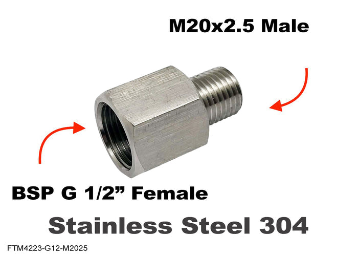 Stainless BSP G 1/2 inch female to M20x2.5 male sensor adaptor fitting for conversion, by MC Motoparts