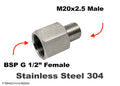 Stainless BSP G 1/2 inch female to M20x2.5 male sensor adaptor fitting for conversion, by MC Motoparts
