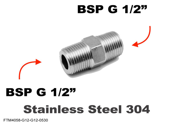 Stainless steel BSP G 1/2 inch male to male sensor adaptor fitting for conversion, shown in close-up detail.