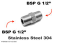 Stainless steel BSP G 1/2 inch male to male sensor adaptor fitting for conversion, shown in close-up detail.