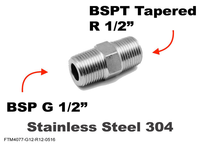 Stainless steel BSP G 1/2 inch male to BSPT tapered R 1/2 inch male sensor adaptor fitting for fluid connections.