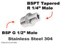 Stainless steel BSP G 1/2 inch male to BSPT R 1/4 inch male sensor adaptor fitting for hydraulic or fluid systems.