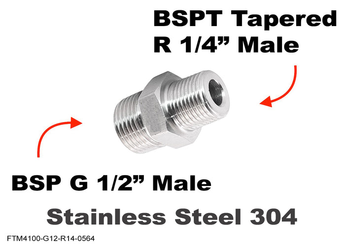 Stainless steel BSP G 1/2 inch male to BSPT R 1/4 inch male sensor adaptor fitting for hydraulic or fluid systems.