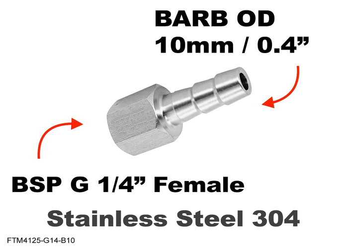 Stainless steel BSP G 1/4 inch female to 10mm barb hose adaptor fitting for motorcycle fuel or fluid connections.