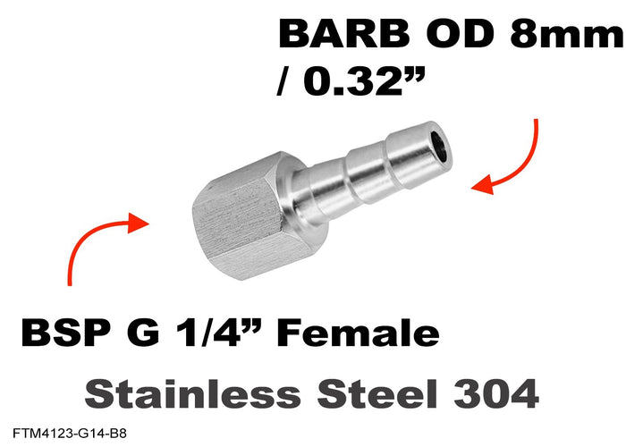 Stainless BSP G 1/4 inch female to 8mm barb hose adaptor fitting for hydraulic or fuel lines, by MC Motoparts.