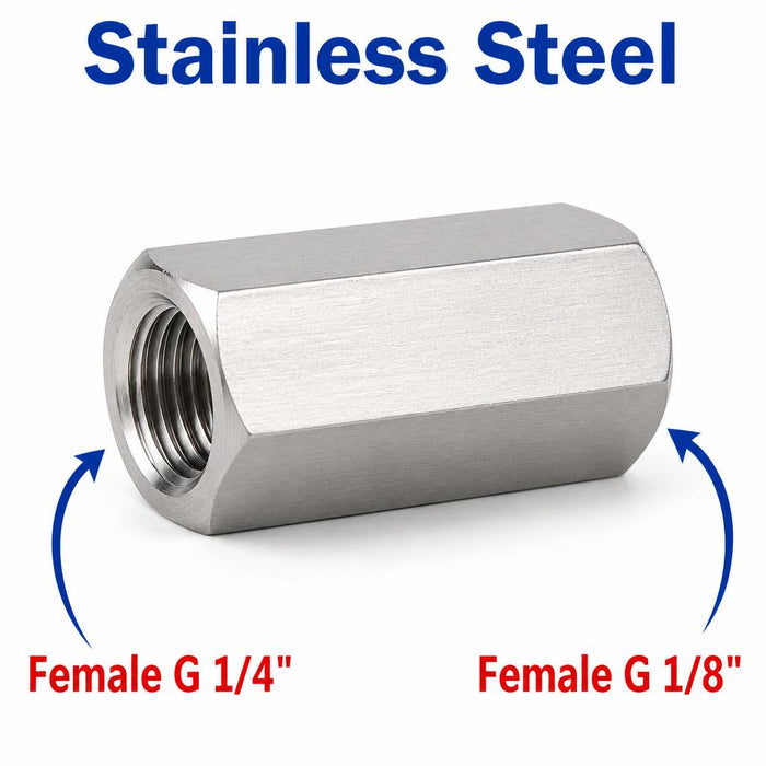 Stainless steel BSP G 1/4 inch female to G 1/8 inch female sensor adaptor fitting for fluid conversion, by MC Motoparts.