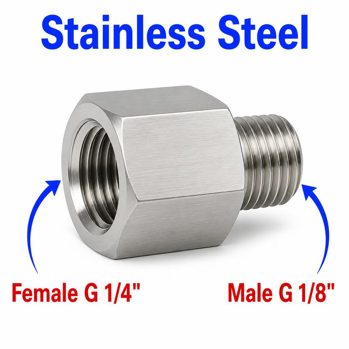 Stainless steel BSP G 1/4 inch female to BSP G 1/8 inch male sensor adaptor fitting for plumbing or hydraulic conversions.