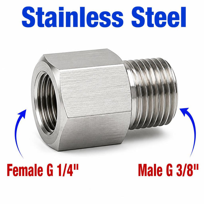 Stainless steel BSP G 1/4 inch female to BSP G 3/8 inch male sensor adaptor fitting for conversion, by MC Motoparts.