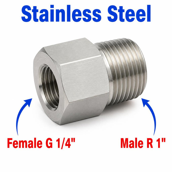 Stainless steel BSP G 1/4 inch female to BSP T R 1 inch male sensor adaptor fitting for conversion in APS MC Motoparts