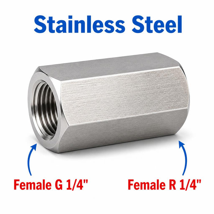 Stainless steel BSP G 1/4 inch female to BSPT tapered R 1/4 inch female sensor adapter fitting for conversion.