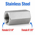 Stainless steel BSP G 1/4 inch female to BSPT R 1/8 inch female sensor adaptor fitting for hydraulic or pneumatic systems.