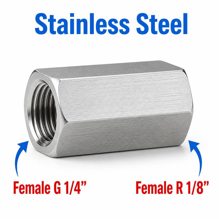 Stainless steel BSP G 1/4 inch female to BSPT R 1/8 inch female sensor adaptor fitting for hydraulic or pneumatic systems.