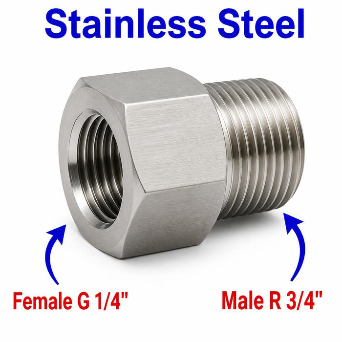 Stainless steel BSP G 1/4 inch female to BSPT R 3/4 inch male sensor adaptor fitting for fluid conversion.