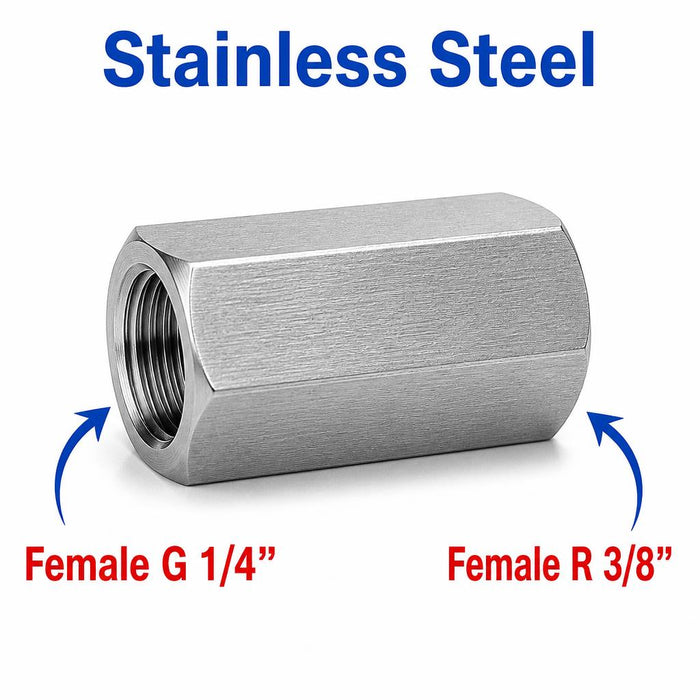 Stainless steel BSP G 1/4 to BSPT R 3/8 sensor adaptor fitting for hydraulic or pneumatic connections, MC Motoparts APS adaptor.