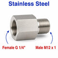 Stainless steel BSP G 1/4 inch female to M12x1 male sensor adaptor fitting for conversion, made by MC Motoparts.