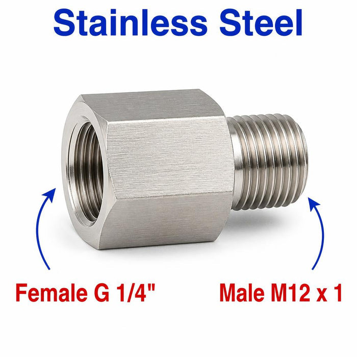 Stainless steel BSP G 1/4 inch female to M12x1 male sensor adaptor fitting for conversion, made by MC Motoparts.
