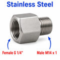 Stainless steel BSP G 1/4 inch female to M14x1 male sensor adaptor fitting for conversion, by MC Motoparts.