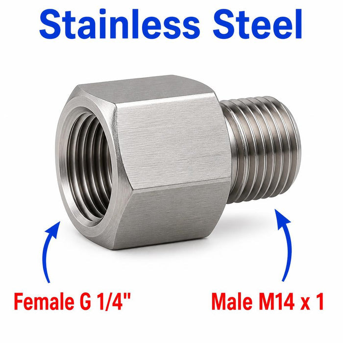 Stainless steel BSP G 1/4 inch female to M14x1 male sensor adaptor fitting for conversion, by MC Motoparts.
