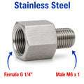 Stainless steel BSP G 1/4 inch female to M6x1 male sensor adaptor fitting for conversion applications by MC Motoparts.