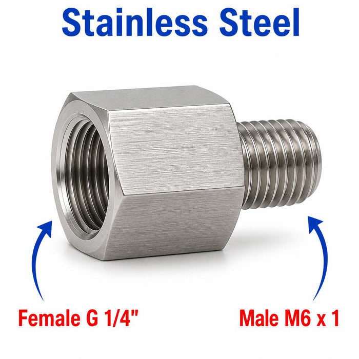 Stainless steel BSP G 1/4 inch female to M6x1 male sensor adaptor fitting for conversion applications by MC Motoparts.